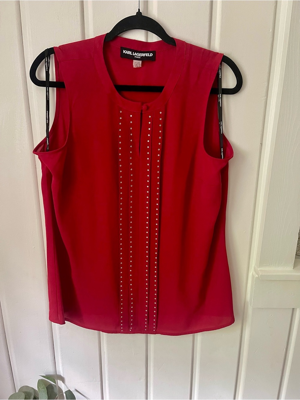 Karl Lagerfeld Red Sleeveless Stud-Trim Blouse